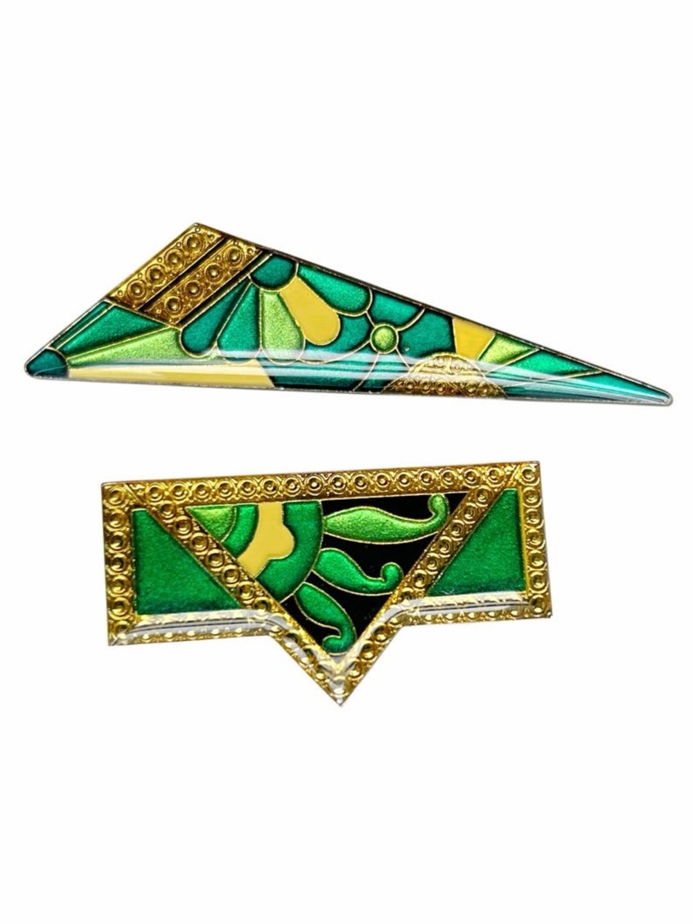 Set of 2 Vintage 1970s Pierre Bex Art Deco Revial Green Geometric Brooches